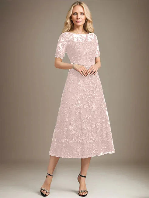 A-Line Scoop Neck Illusion Tea-Length Lace Mother of the Bride Dress with Sequins