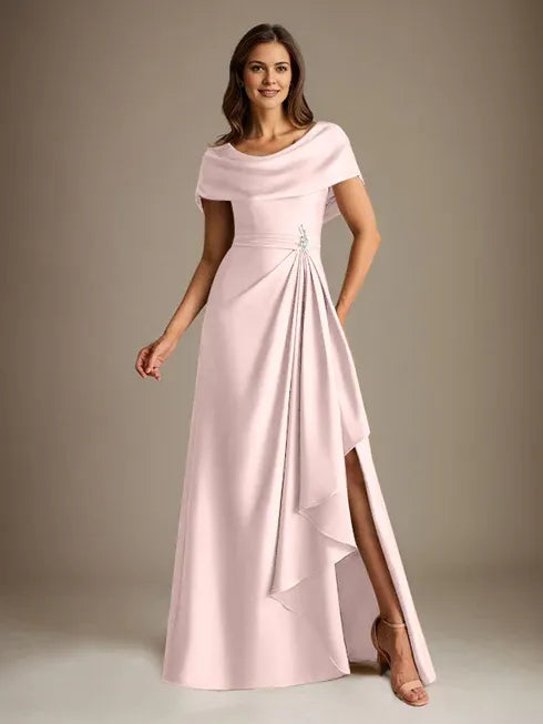 A-Line Scoop Neck Floor-Length Stretch Satin Mother of the Bride Dress with Cascading Ruffles