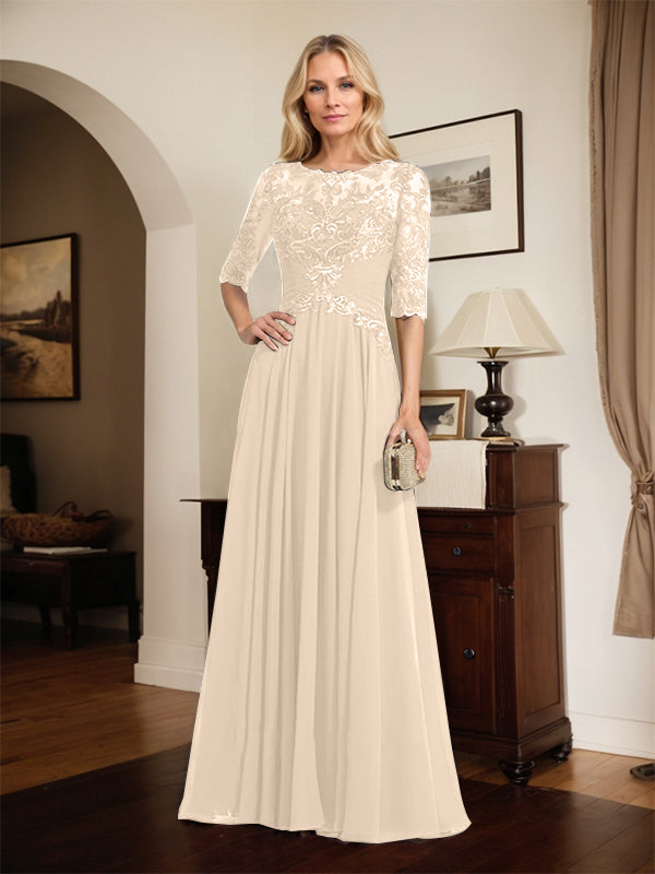 A-Line Scoop Neck Illusion Floor-Length Chiffon and Lace Mother of the Bride Dress with Pleated Sequins