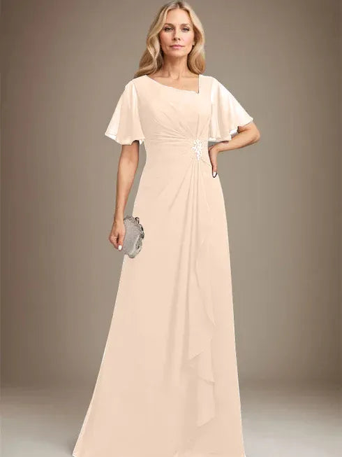 A-Line Asymmetrical Floor-Length Chiffon Mother of the Bride Dress with Pleated Beading and Sequins