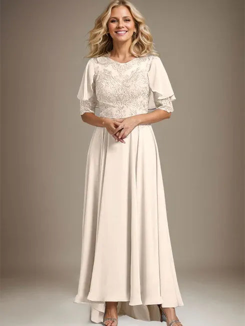 A-Line Scoop Neck Illusion Asymmetrical Chiffon and Lace Mother of the Bride Dress with Beading