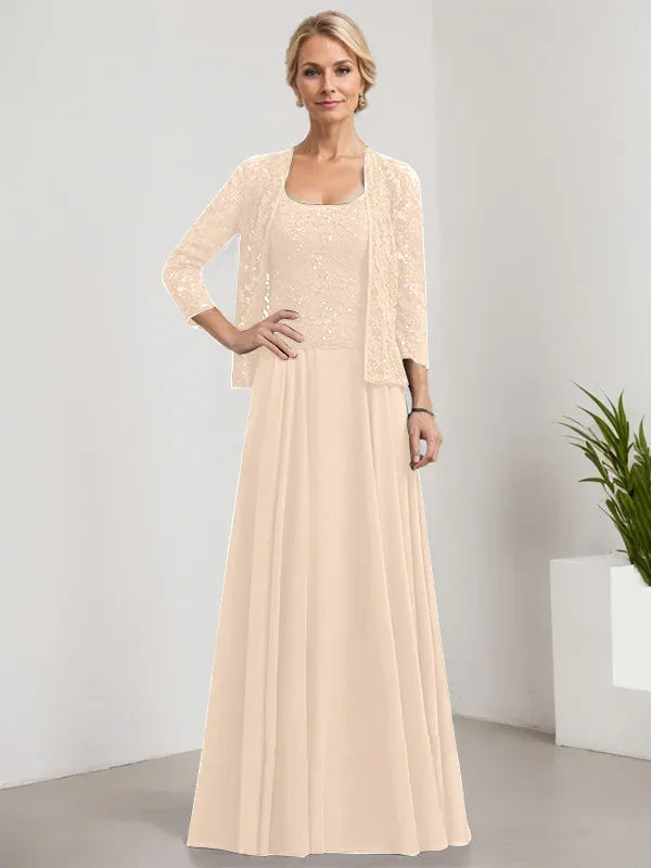 A-Line Square Neck Floor-Length Lace and Chiffon Mother of the Bride Dress with Sequins
