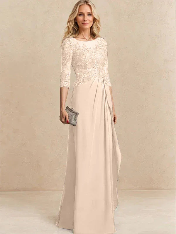 A-Line Scoop Illusion Floor-Length Chiffon and Lace Mother of the Bride Dress with Beading, Sequins, and Cascading Ruffles
