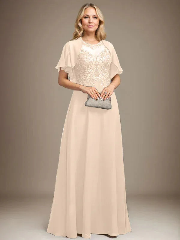 A-Line Scoop Neck Illusion Floor-Length Lace Chiffon Mother of the Bride Dress with Sequins