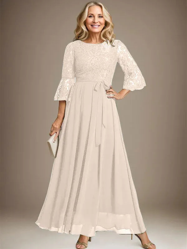 A-Line Scoop Neck Ankle-Length Lace Chiffon Mother of the Bride Dress with Bow