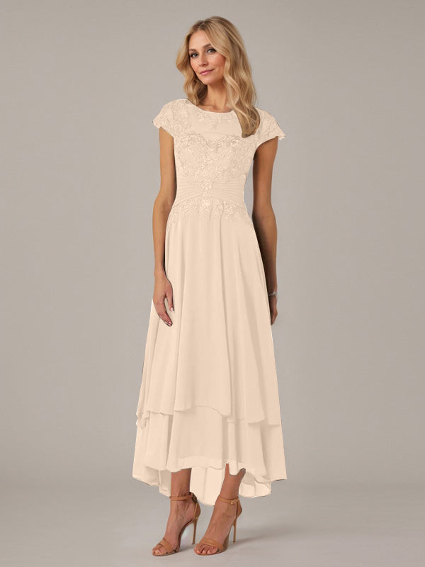 A-Line Boat Neck Illusion Asymmetrical Chiffon Lace Mother of the Bride Dress with Applique and Pleats