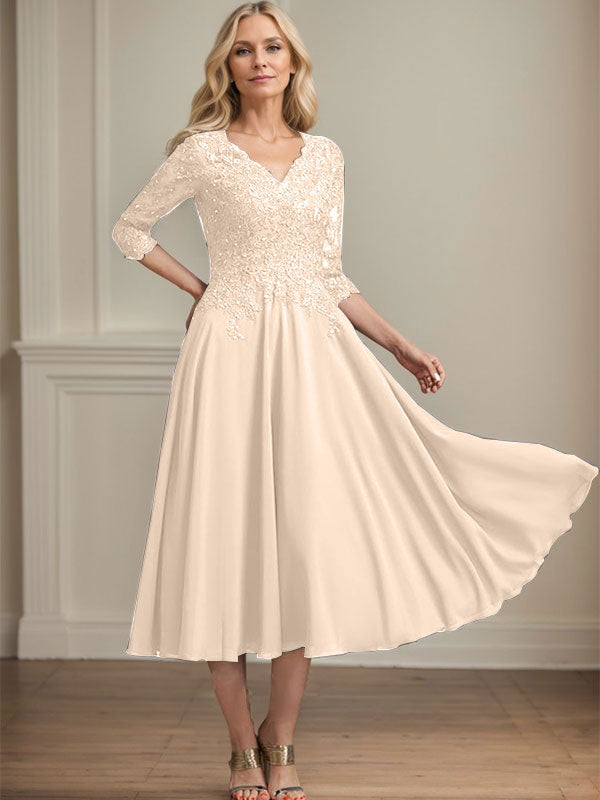 A-Line V-Neck Tea-Length Chiffon and Lace Mother of the Bride Dress with Beading and Sequins
