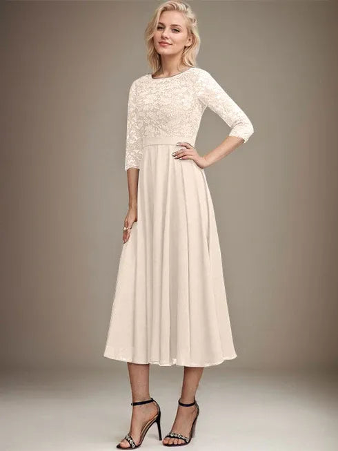 A-Line Scoop Neck Tea-Length Lace Chiffon Mother of the Bride Dress with Sequins