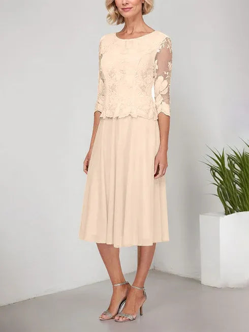A-Line Scoop Neck Tea-Length Lace Chiffon Mother of the Bride Dress with Embroidery