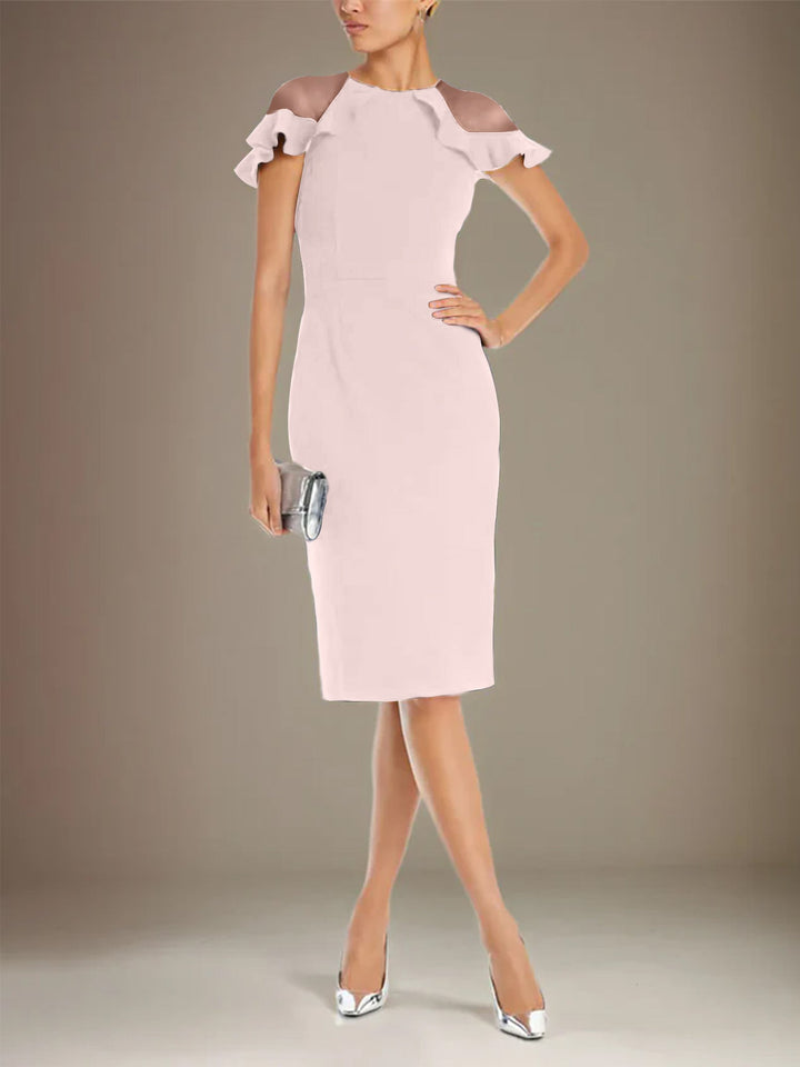 Sheath/Column Stretch Crepe Scoop Short Sleeves Knee Length Dress