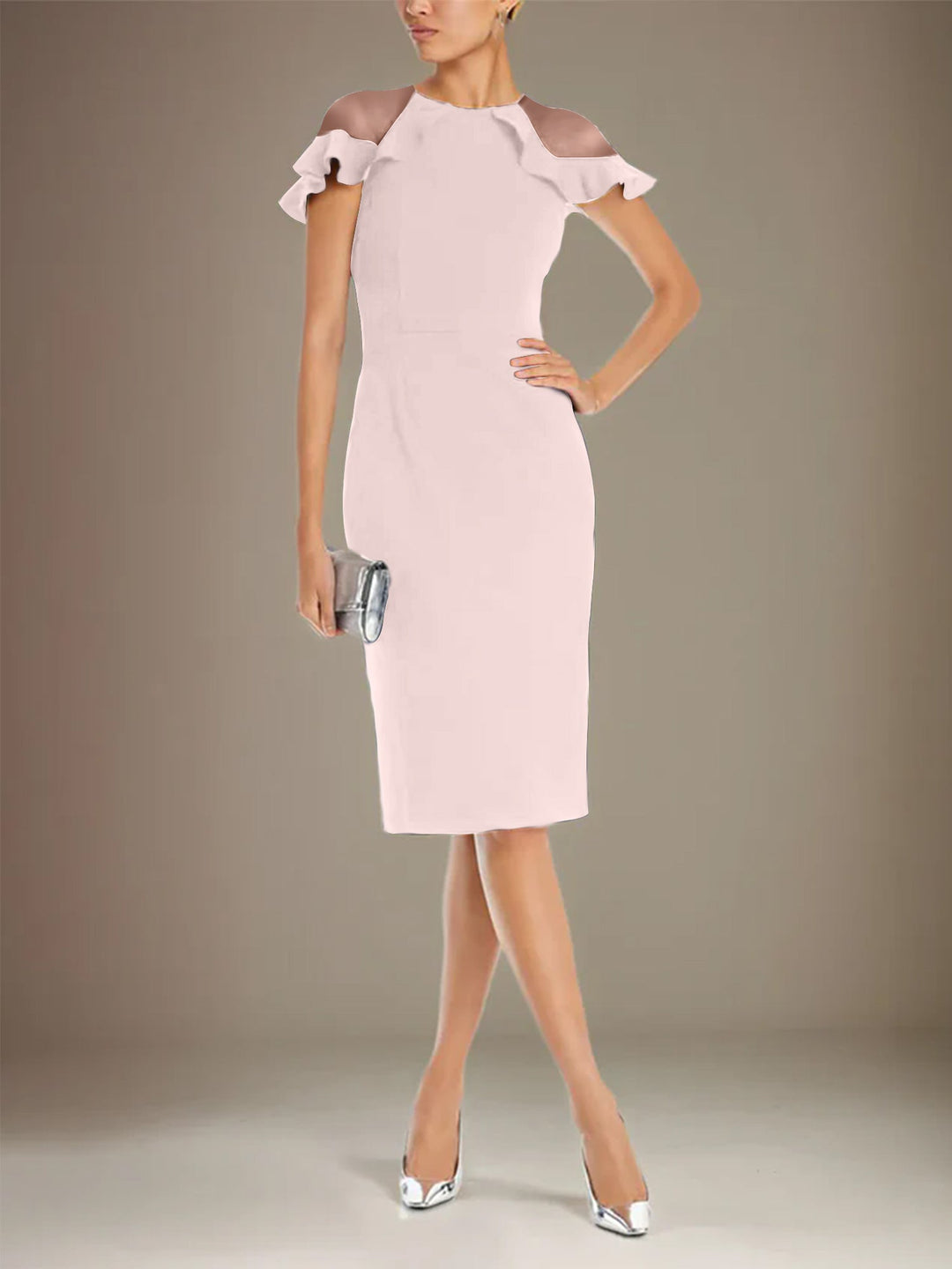 Sheath Dress with Column Stretch Crepe, Scoop Neck, Short Sleeves, Knee Length