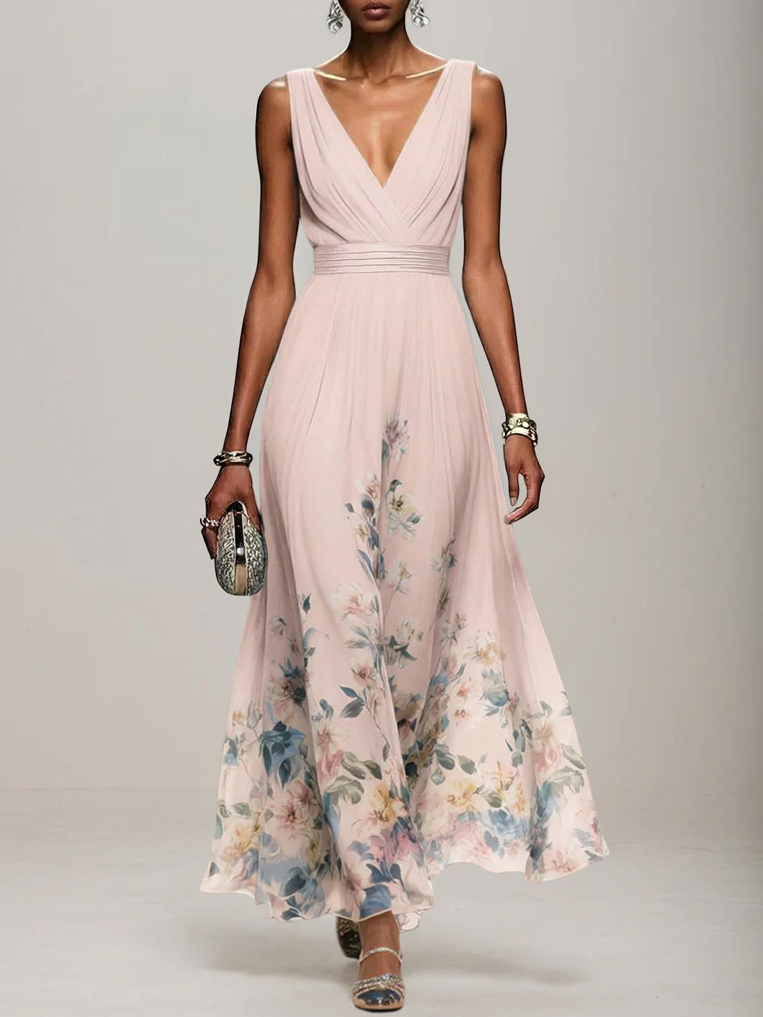 Light Blue Floral Chiffon V-Neck Sleeveless A-Line Maxi Dress