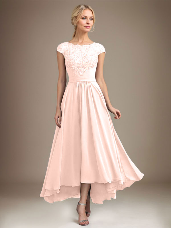 A-Line Scoop Neck Illusion Asymmetrical Lace Chiffon Mother of the Bride Dress with Pleats