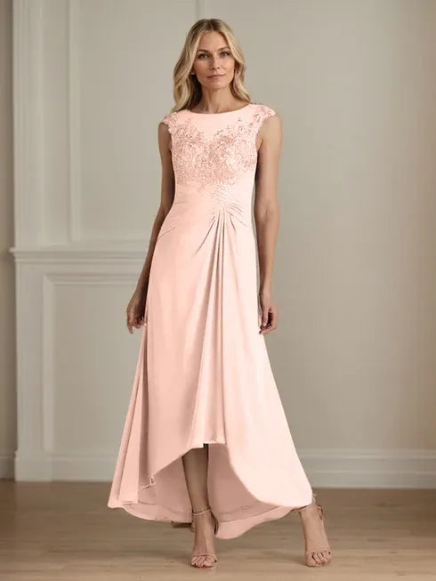 Champagne A-Line Lace and Chiffon Scoop Neck Dress
