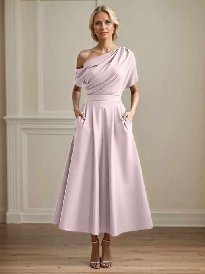 One-Shoulder Satin A-Line Pleated Ankle-Length Mother of the Bride Dress