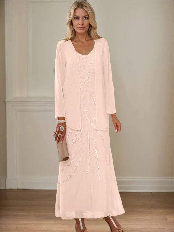V-Neck Sheath/Mother of the Bride Ankle-Length Dress with Jacket & Sequins