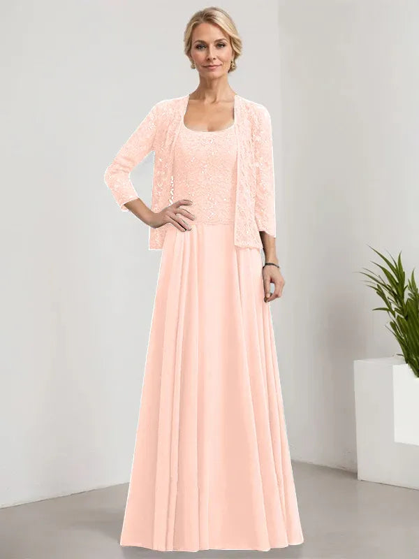 A-Line Square Neck Floor-Length Lace and Chiffon Mother of the Bride Dress with Sequins