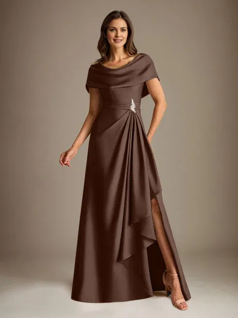 A-Line Scoop Neck Floor-Length Stretch Satin Mother of the Bride Dress with Cascading Ruffles