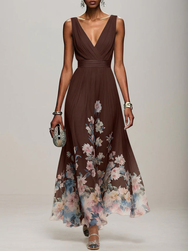 Light Blue Floral Chiffon V-Neck Sleeveless A-Line Maxi Dress