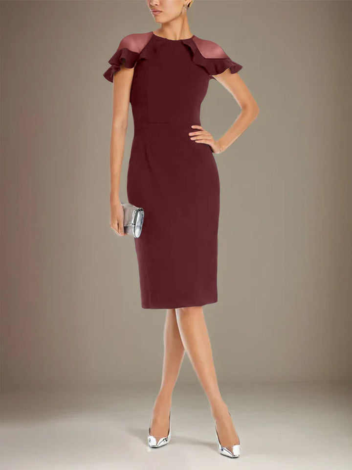 Sheath Dress with Column Stretch Crepe, Scoop Neck, Short Sleeves, Knee Length