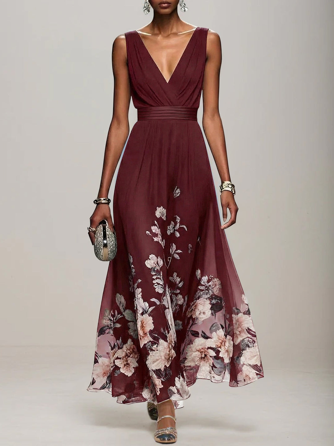 Light Blue Floral Chiffon V-Neck Sleeveless A-Line Maxi Dress