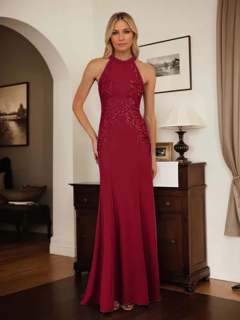 Dusty Blue Sheath Halter Mother of the Bride Dress with Appliqué Details