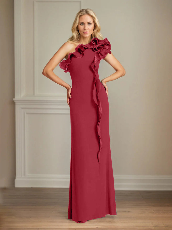 Navy Stretch Crepe One-Shoulder Sheath Dress with Ruffles – Floor-Length Mother of the Bride Gown