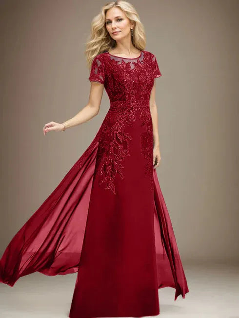 Floor-Length Lace Chiffon Mother of the Bride Dress with Sheath/Column Scoop Illusion and Sequins