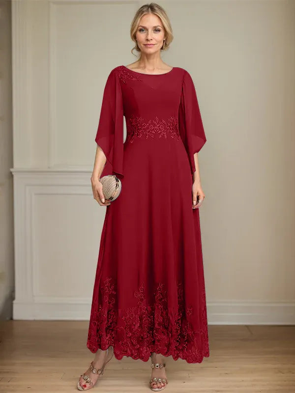 A-Line Scoop Neck Illusion Lace Chiffon Mother of the Bride Dress with Sequins and Ankle-Length Hem