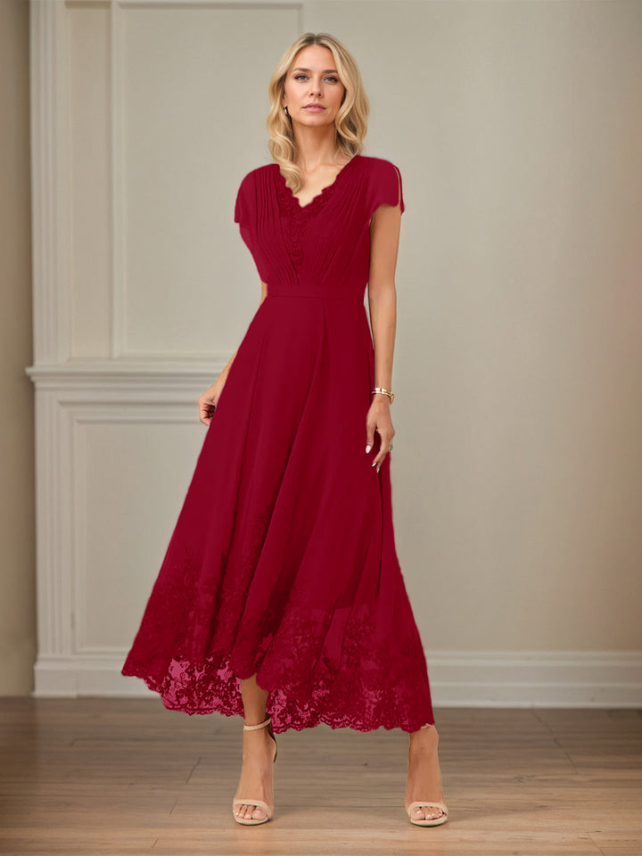 A-Line V-Neck Flutter Sleeve Chiffon Dress with Appliques and Ankle Length