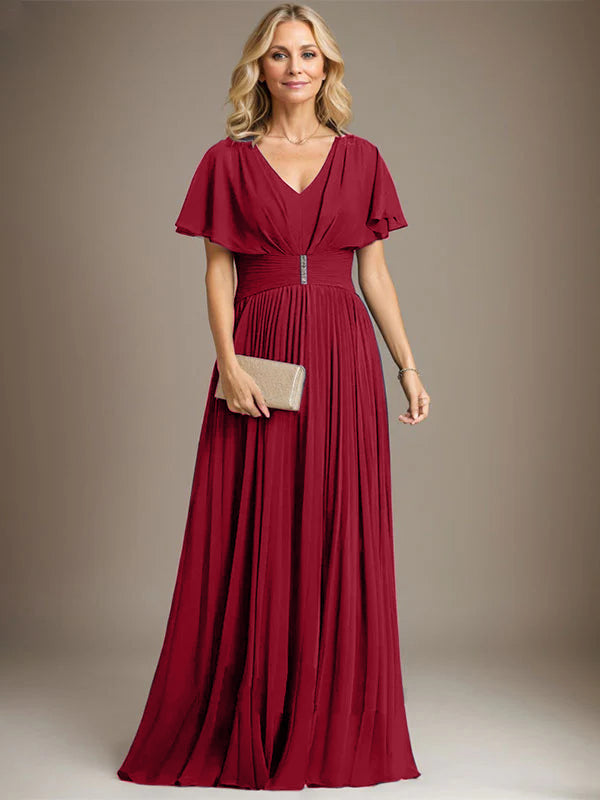 A-Line V-Neck Floor-Length Chiffon Mother of the Bride Dress with Crystal Brooch and Pleated Design