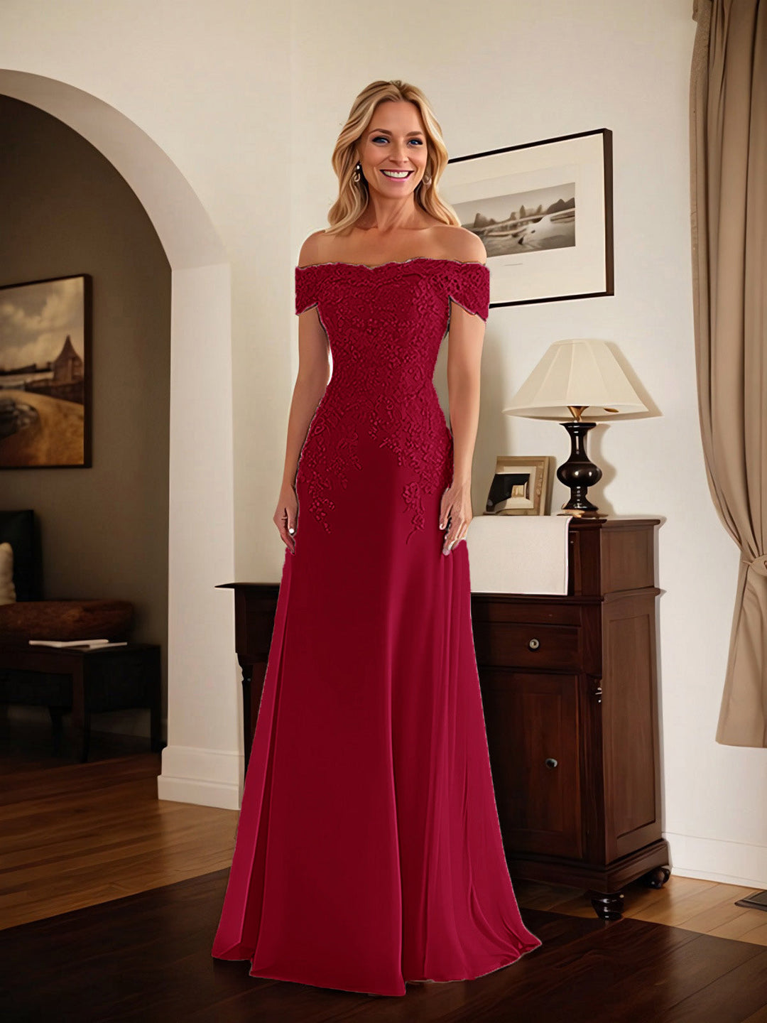 Elegant Taupe Off-the-Shoulder Lace Sheath Dress for Mother of the Bride