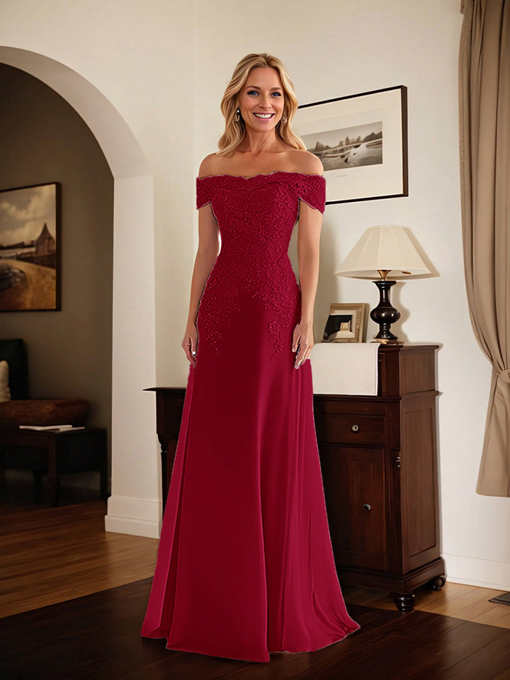 Elegant Taupe Off-the-Shoulder Lace Sheath Dress for Mother of the Bride