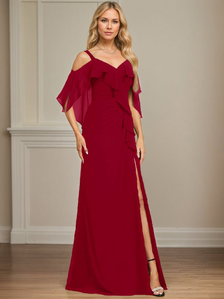 Sheath/Column Cold Shoulder V-Neck Floor-Length Chiffon Dress with Cascading Ruffles, Sequins, and Beading