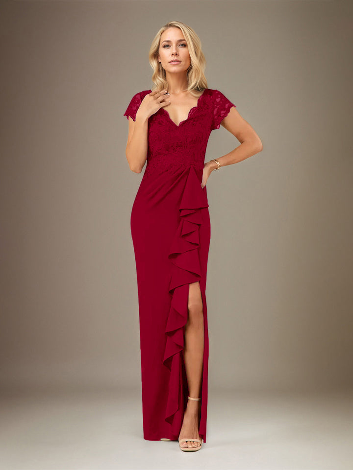 V-Neck Short Sleeve Floor-Length Chiffon Dress with Sheath/Column Silhouette and Cascading Ruffles