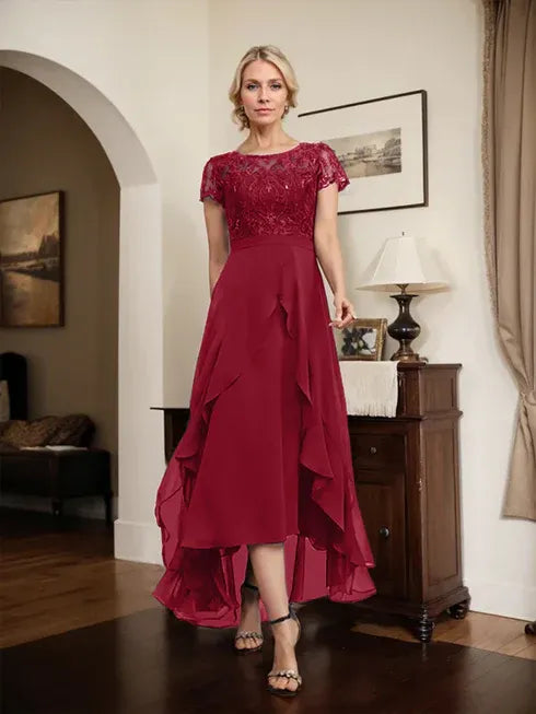 A-Line Scoop Neck Illusion Asymmetrical Chiffon Lace Mother of the Bride Dress with Bow, Ruffle, and Sequins