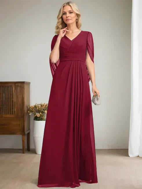 Dark Navy A-Line V-Neck Long Mother of the Bride Dress