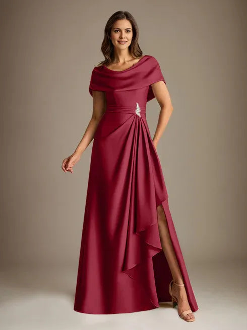 A-Line Scoop Neck Floor-Length Stretch Satin Mother of the Bride Dress with Cascading Ruffles