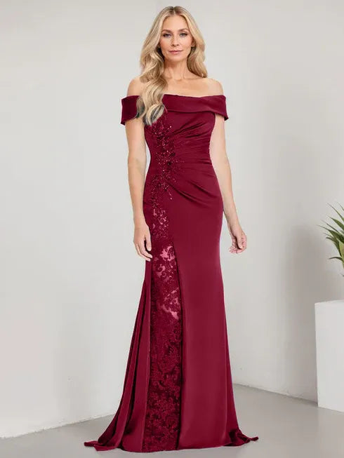 A-Line Off-the-Shoulder Floor-Length Mother of the Bride Dress with Appliqué Beadings and Mermaid Silhouette Featuring a High Split