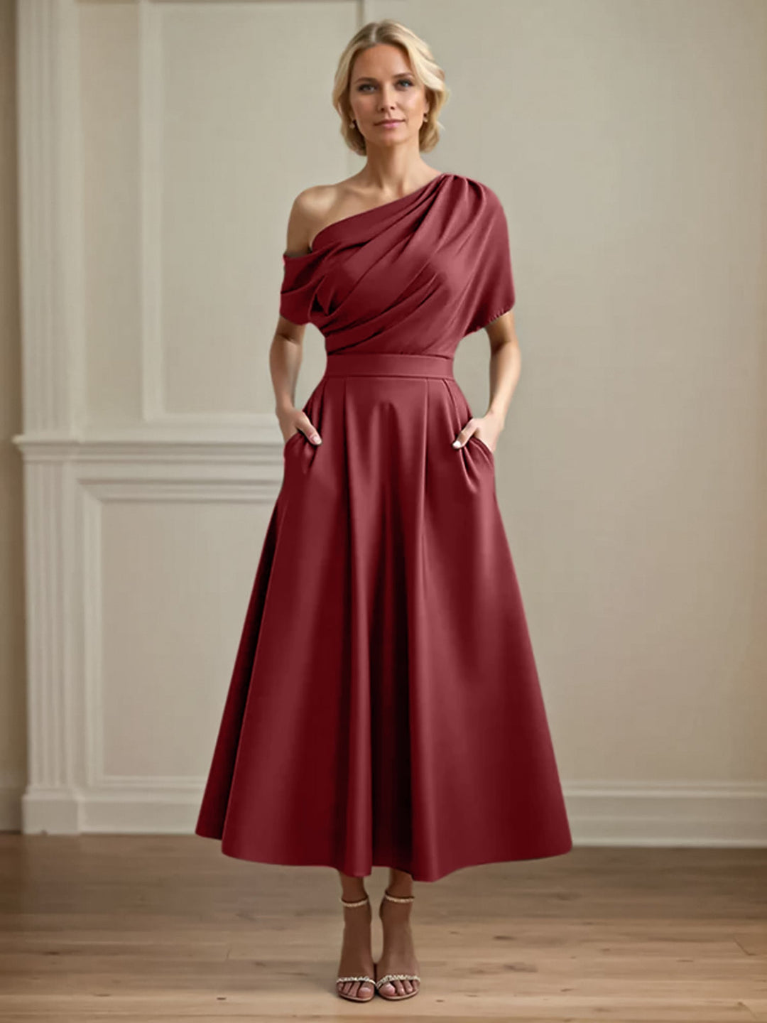 One-Shoulder Satin A-Line Pleated Ankle-Length Mother of the Bride Dress