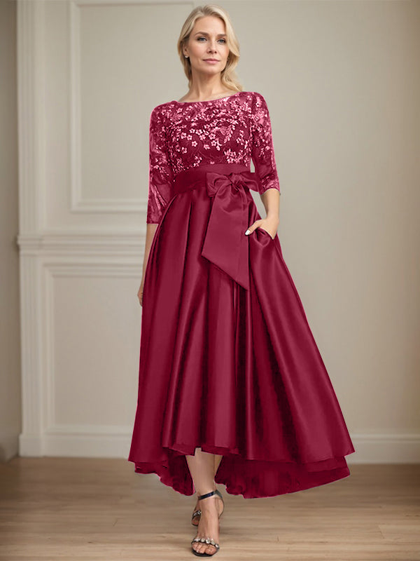 A-Line Scoop Neck Illusion Asymmetrical Satin Lace Mother of the Bride Dress with Bow