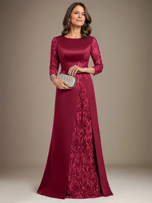 Floor-Length A-Line Lace Satin Mother of the Bride Dress with Scoop Neck and Applique