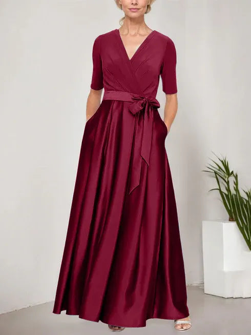 Surplice Neckline Ballgown with Full Satin Skirt and Jersey Bodice