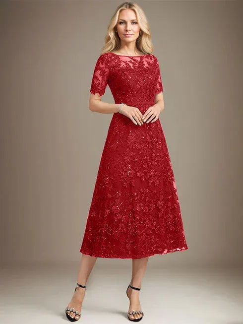 A-Line Scoop Neck Illusion Tea-Length Lace Mother of the Bride Dress with Sequins