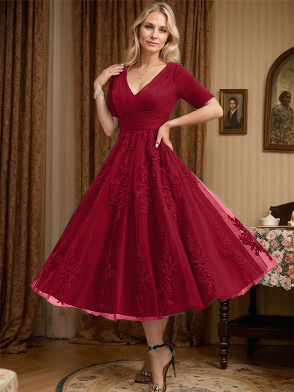 A-Line V-Neck Tea-Length Tulle Lace Mother of the Bride Dress with Pleats