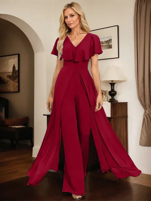 V-Neck Floor-Length Chiffon Jumpsuit/Pantsuit Evening Dress