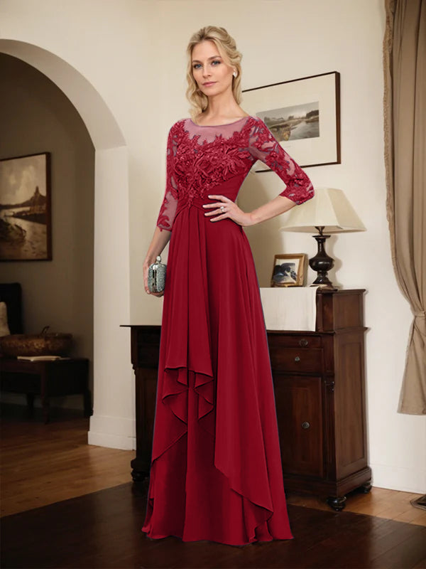 A-Line Scoop Neck Illusion Floor-Length Lace Chiffon Mother of the Bride Dress with Cascading Ruffles