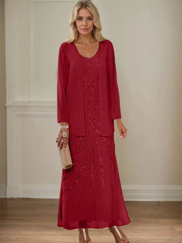 V-Neck Sheath/Mother of the Bride Ankle-Length Dress with Jacket & Sequins