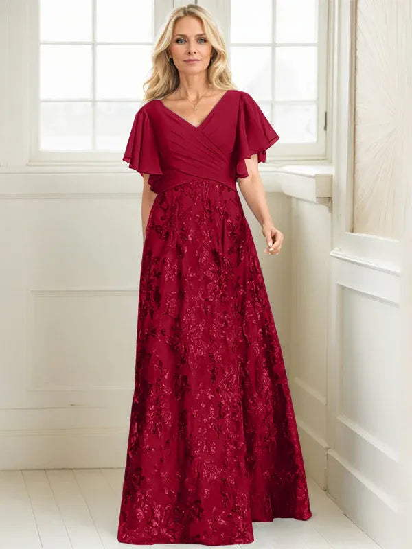 A-Line V-Neck Floor-Length Lace and Sequin Chiffon Mother of the Bride Dress with Pleats
