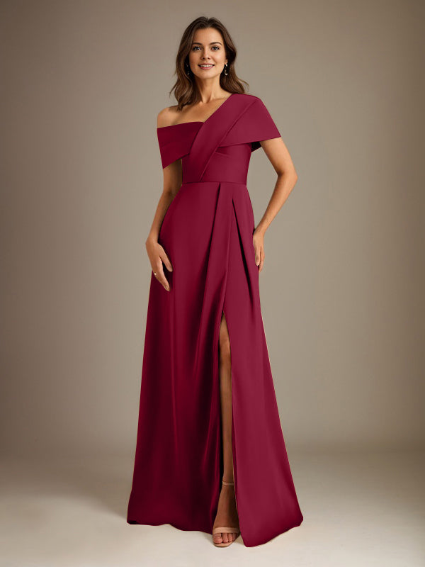 A-Line Satin Mother of the Bride Dress with Asymmetrical Neckline, Floor-Length, and Pleated Design